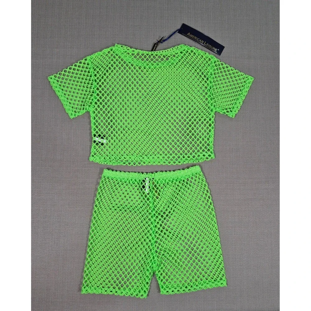 American Leisure Womens Neon Green Mesh Two Piece Set Crop Top Shorts Small NWT